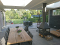 Veranda, Veranda Plaza,  terrasoverkapping, overkapping, buitenkamer, tuinkamer, Carport houtkachel, lichtstraat, daklicht, Glazen schuifwanden, balustrade, hekwerk, terrasverwarming, tuin, terras, houten vlondervloer.